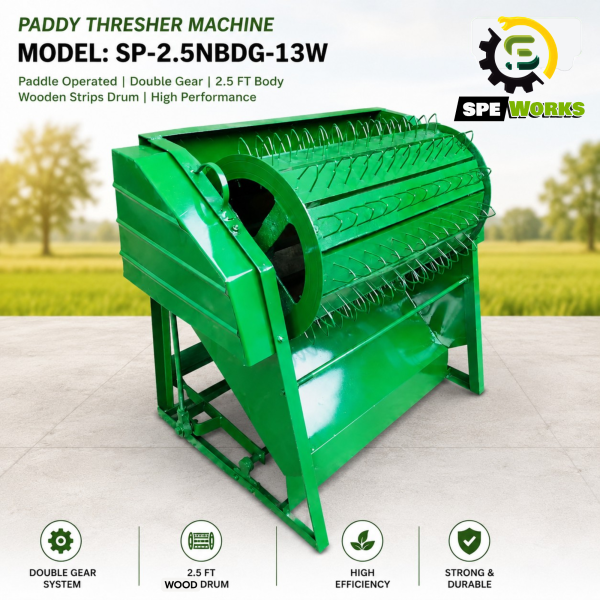 Paddle Operated Paddy Thresher Machine Double Gear Complete 2.5 FT Body Wooden Strips Drum