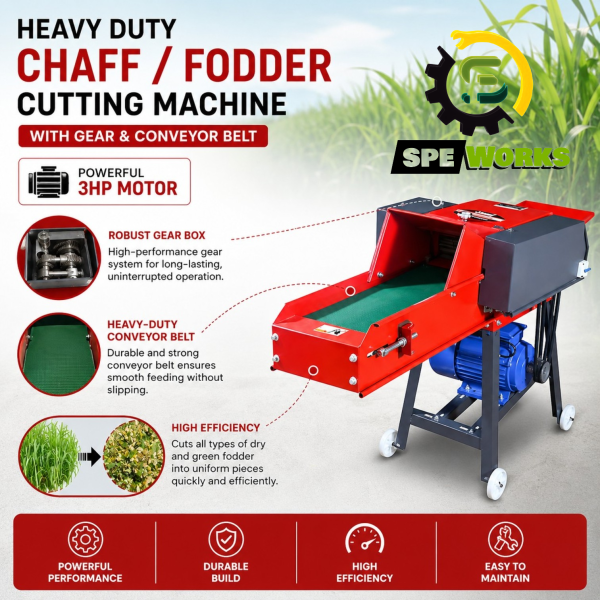 Heavy Duty Chaff Cutter / Fodder Cutting Machine With Gear & Conveyor Belt With 3HP Motor