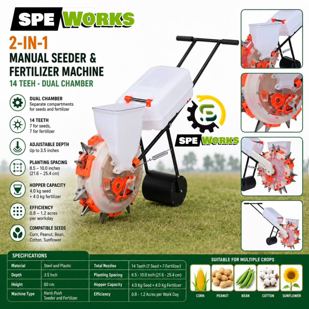 2-in-1 Manual Seeder & Fertilizer Machine – 14 Teeth Dual Chamber Hand – Push Precision Planter