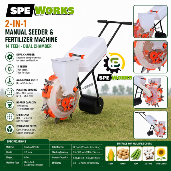 2-in-1 Manual Seeder & Fertilizer Machine - 14 Teeth Dual Chamber Hand - Push Precision Planter