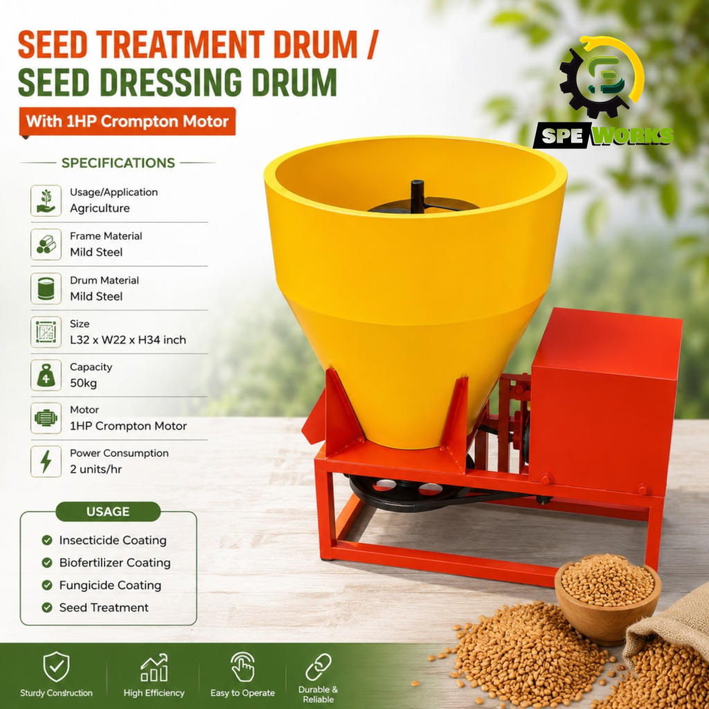 50Kg Capacity Heavy Duty Seed Treatment Drum / Seed Dressing Drum With 1 HP Crompton Motor