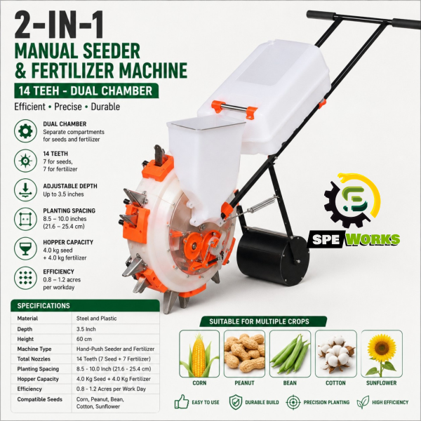 2-in-1 Manual Seeder & Fertilizer Machine - 14 Teeth Dual Chamber Hand - Push Precision Planter