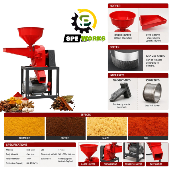 Disc Mill / Flour Mill / Pulverizer Machine / Masala Grain & Spice Grinder With 3Hp Motor
