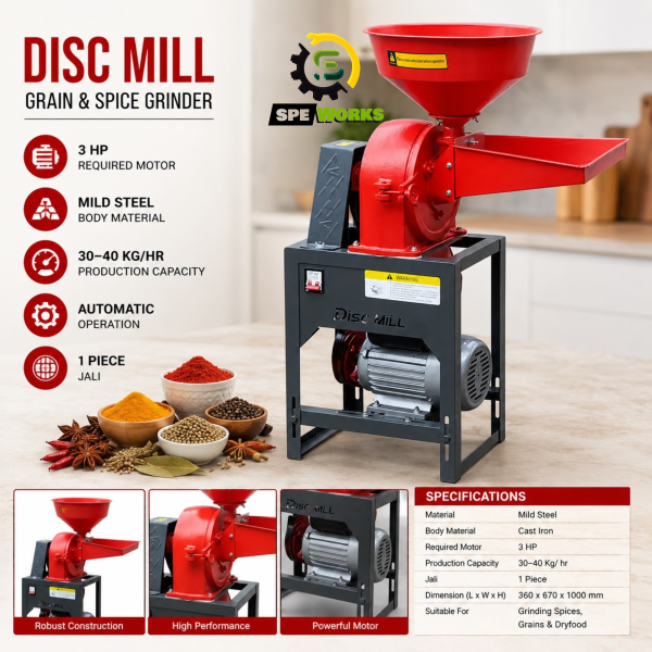 Disc Mill / Flour Mill / Pulverizer Machine / Masala Grain & Spice Grinder With 3Hp Motor