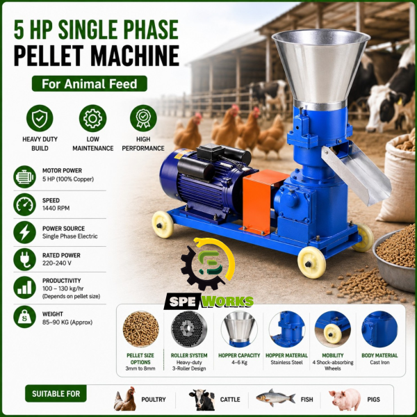 Heavy Duty 5 HP - 3 Rollers - Single Phase - Fodder Pellet Machine With Die For Animal Feed