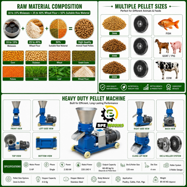 Heavy Duty 5 HP - 3 Rollers - Single Phase - Fodder Pellet Machine With Die For Animal Feed