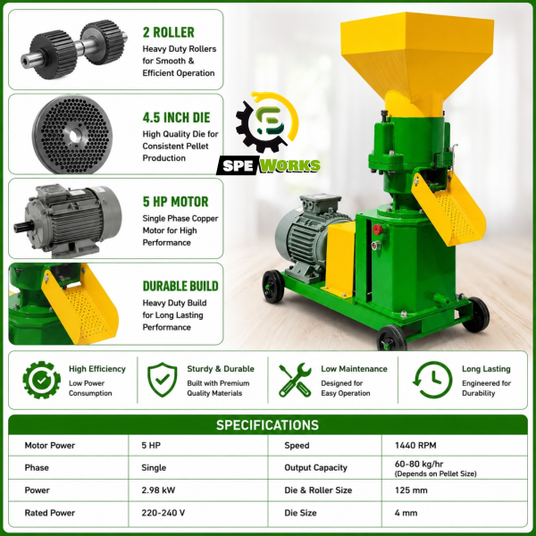 Heavy Duty 5 HP Single Phase - Fodder / Pellet Machine With Die For Animal Feed