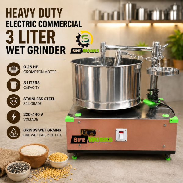 Heavy Duty Stainless Steel Commercial 3 Liter Wet Grinder With 0.25 HP Crompton Motor
